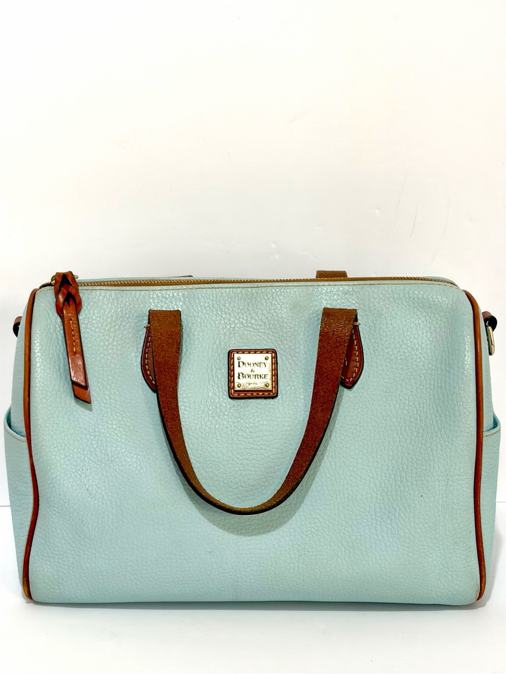 Dooney & Bourke Pebble Grain Kendra Satchel In Sky Blue/ British Tan Trim